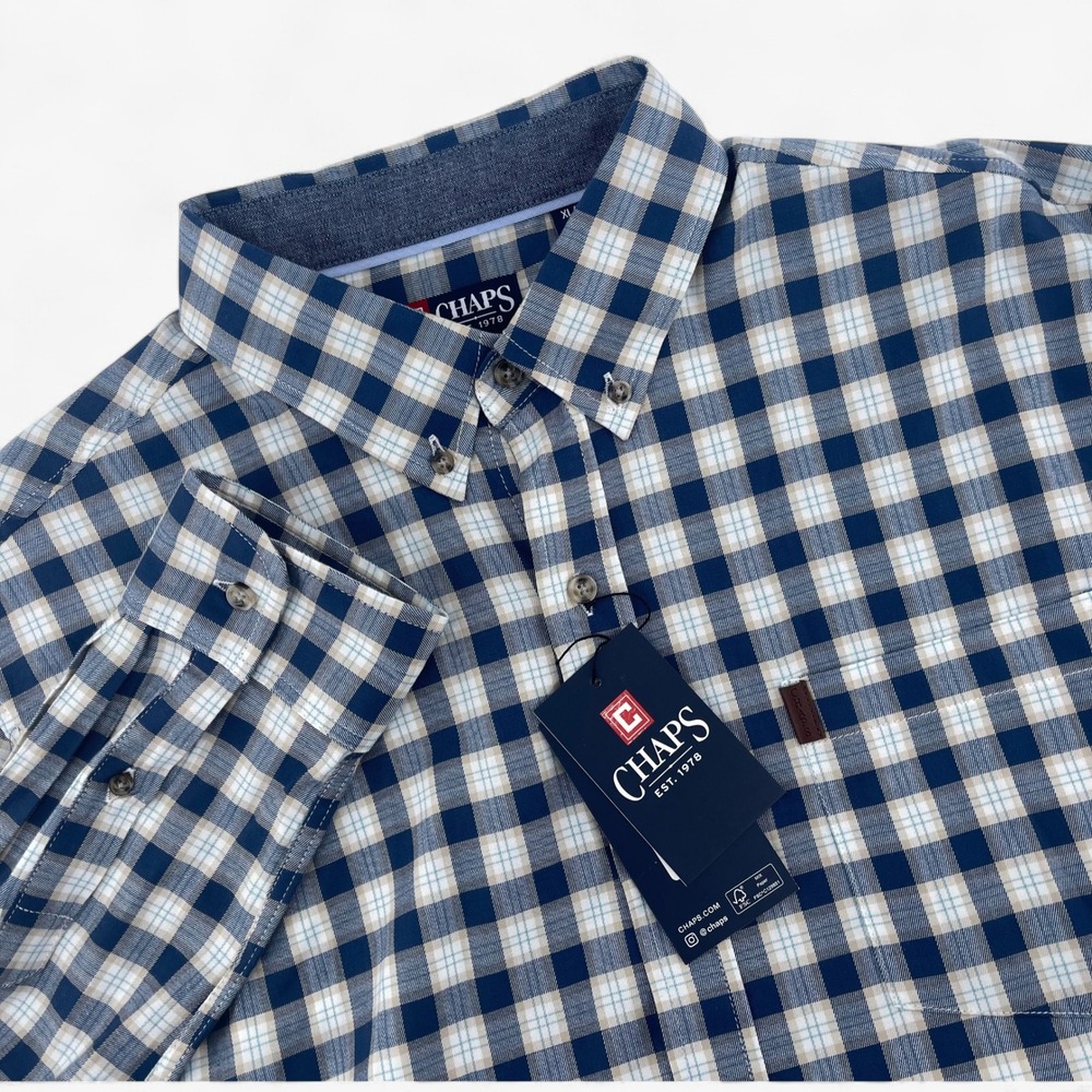 Chaps XL Mens Plaid Button Up Shirt Long Sleeve Stretch Dark Denim Casual NEW